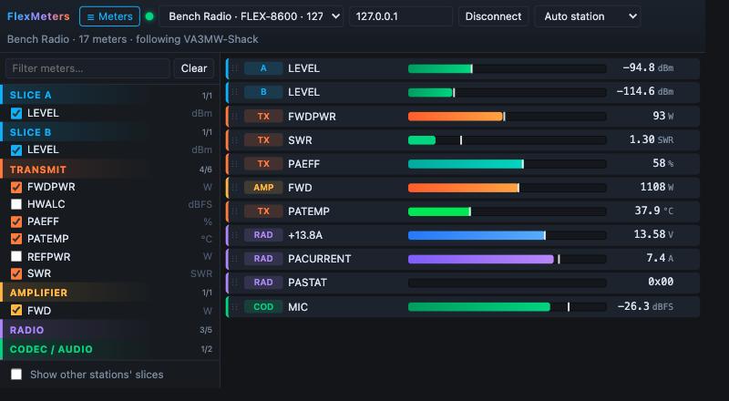FlexMeters with the meter picker open: slice, transmit, amplifier, radio and codec meters as coloured bars